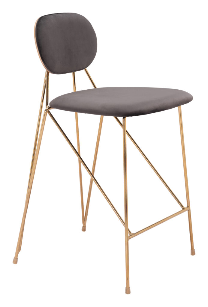 Modern gray upholstered bar stool with gold frame