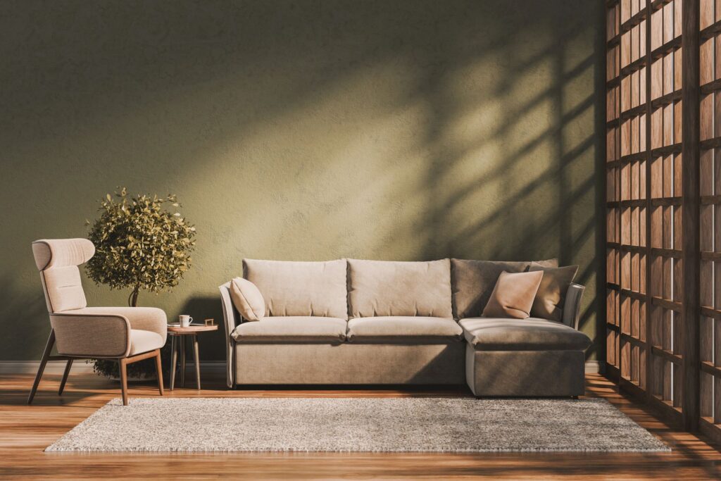 Modern 3-seat sofa in light beige/ivory fabric on a clean white studio background