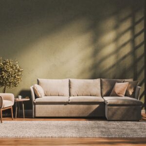 Modern 3-seat sofa in light beige/ivory fabric on a clean white studio background