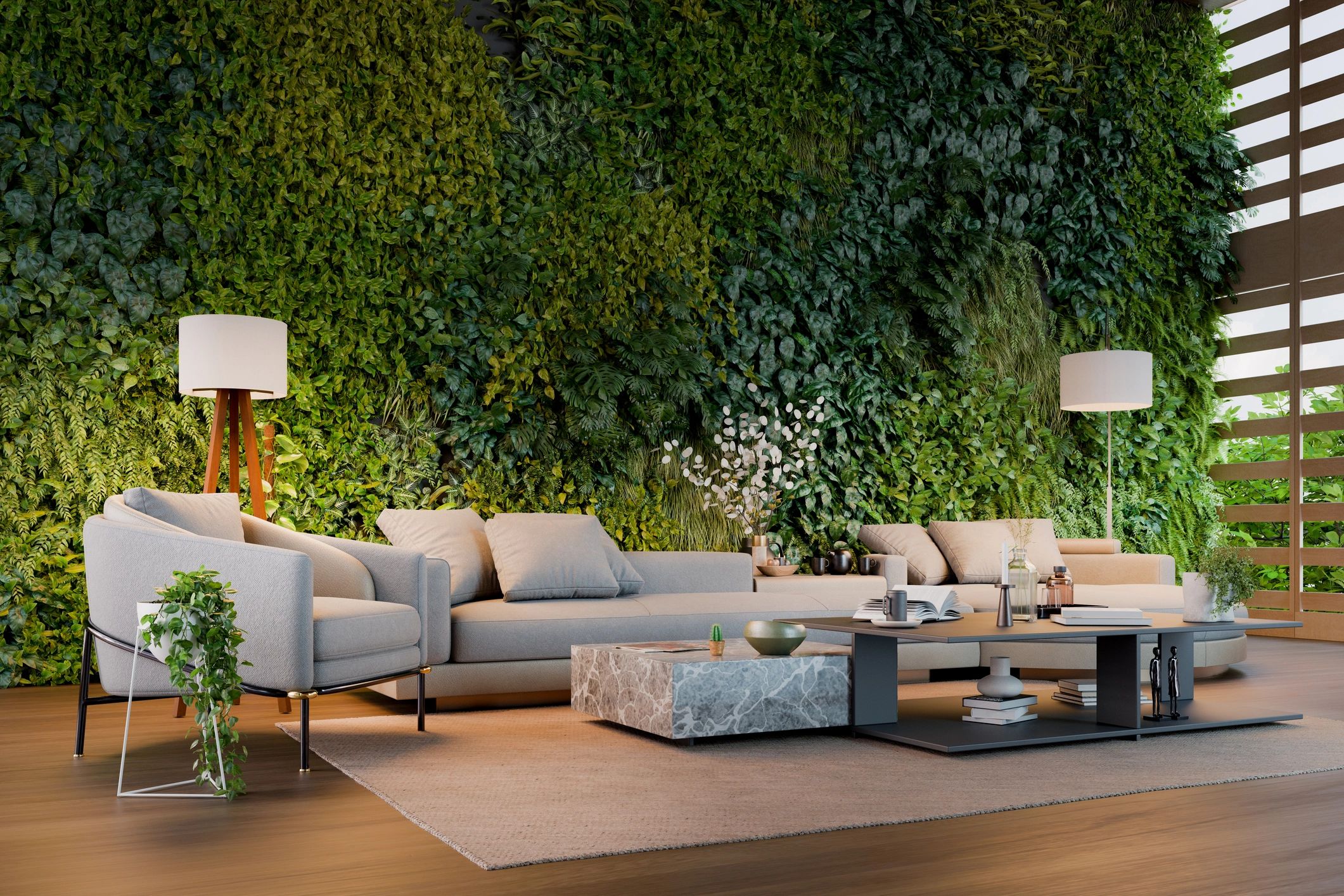 Modern living room with plants and neutral decor