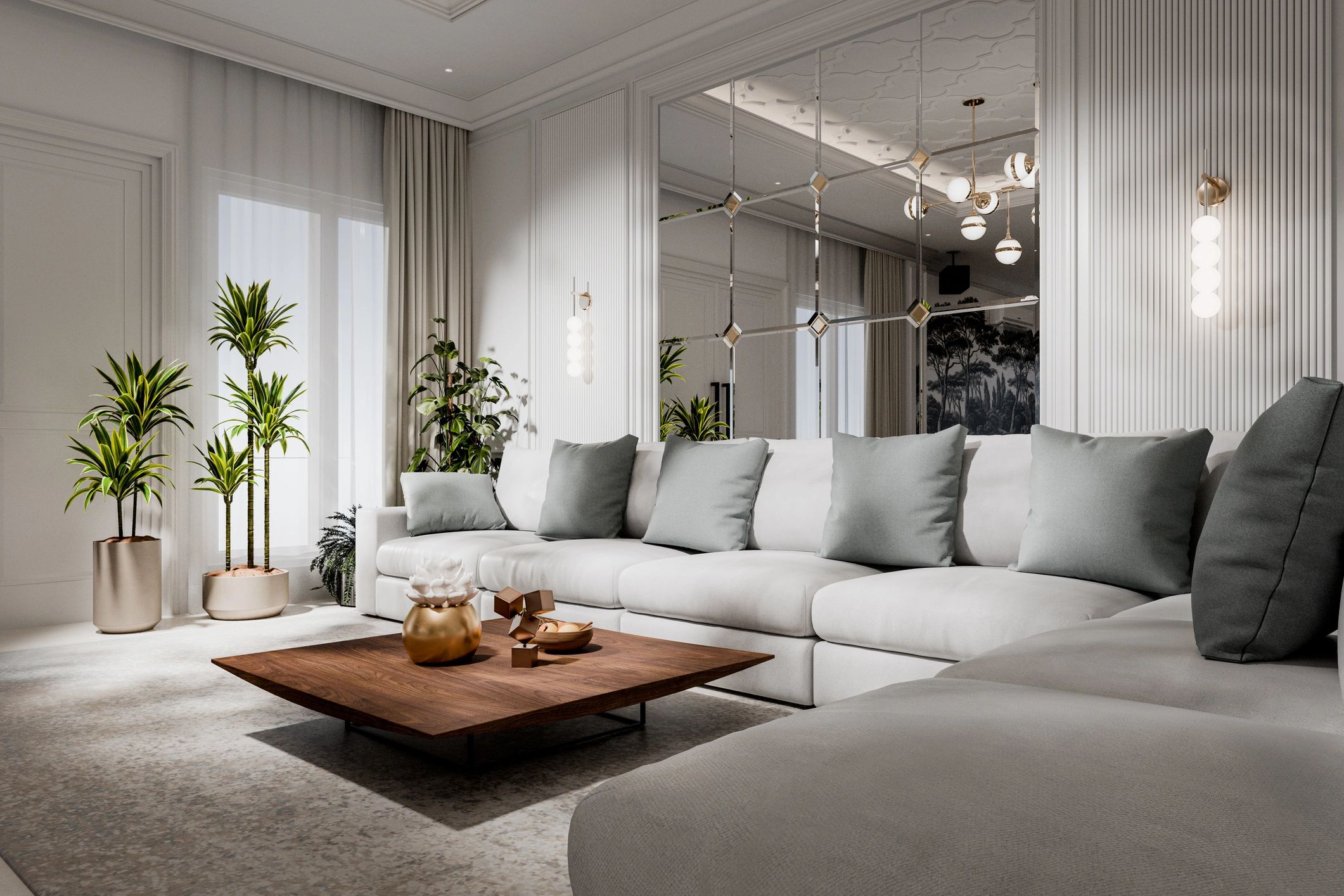 Modern living room with a neutral sofa and clean lines