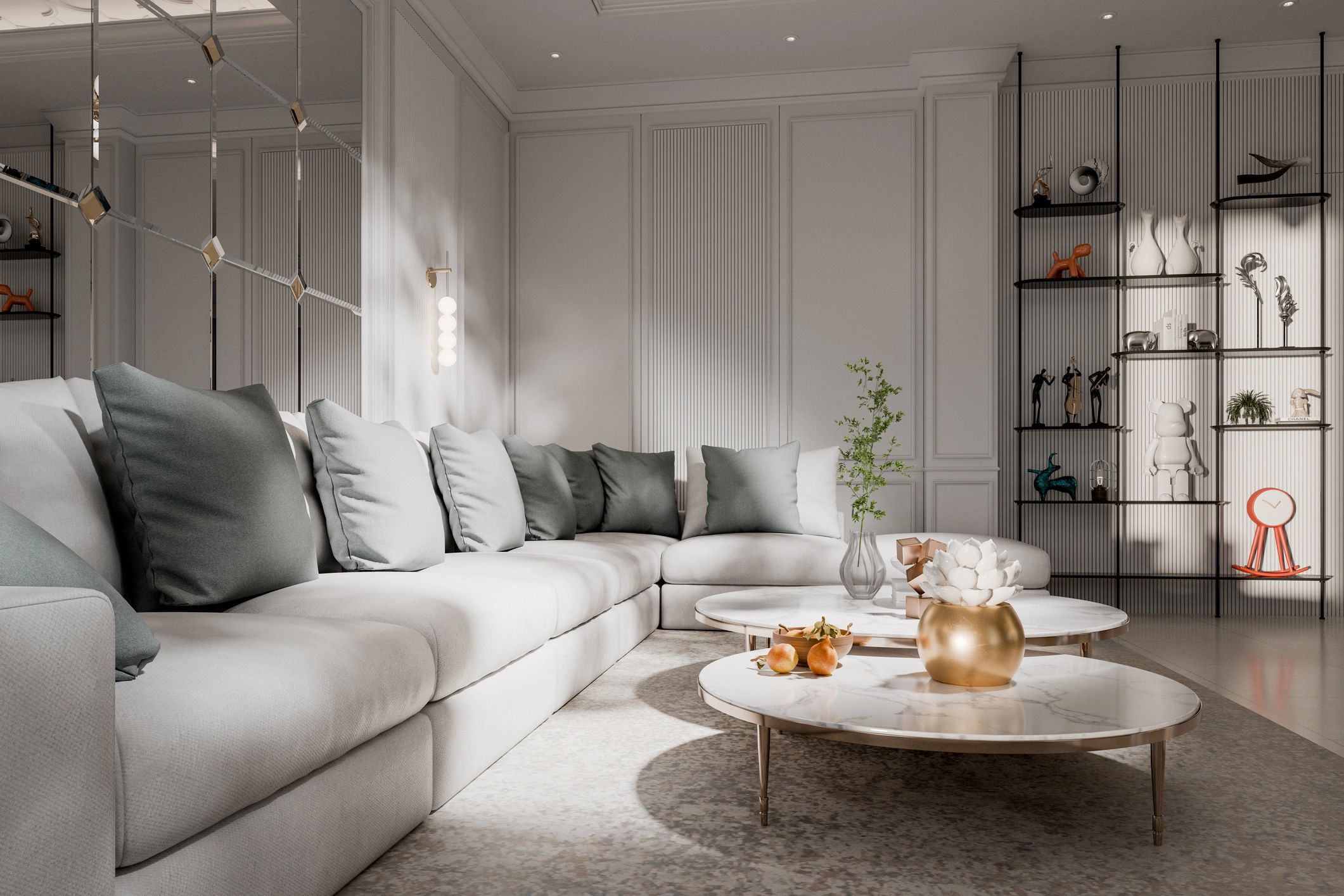 Luxurious bright modern living room with sculptural neutral seating and a clean-lined coffee table