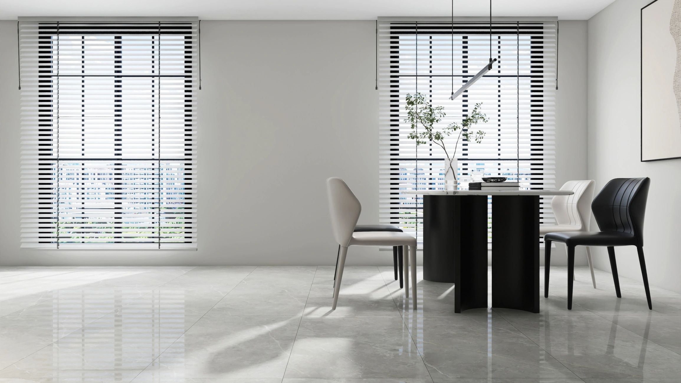 Luxurious, clean, bright modern dining room with a statement table and refined neutral styling