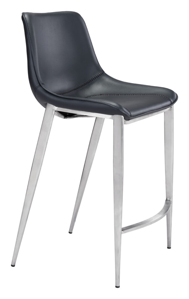Modern black leather bar stool with chrome legs