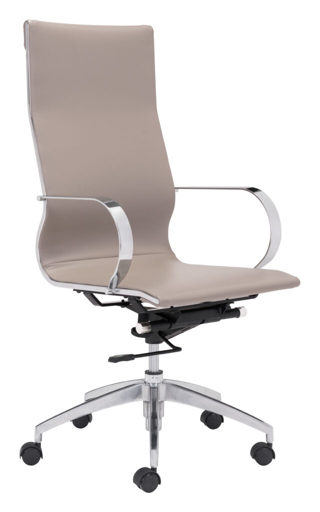 Beige high-back office chair with chrome arms