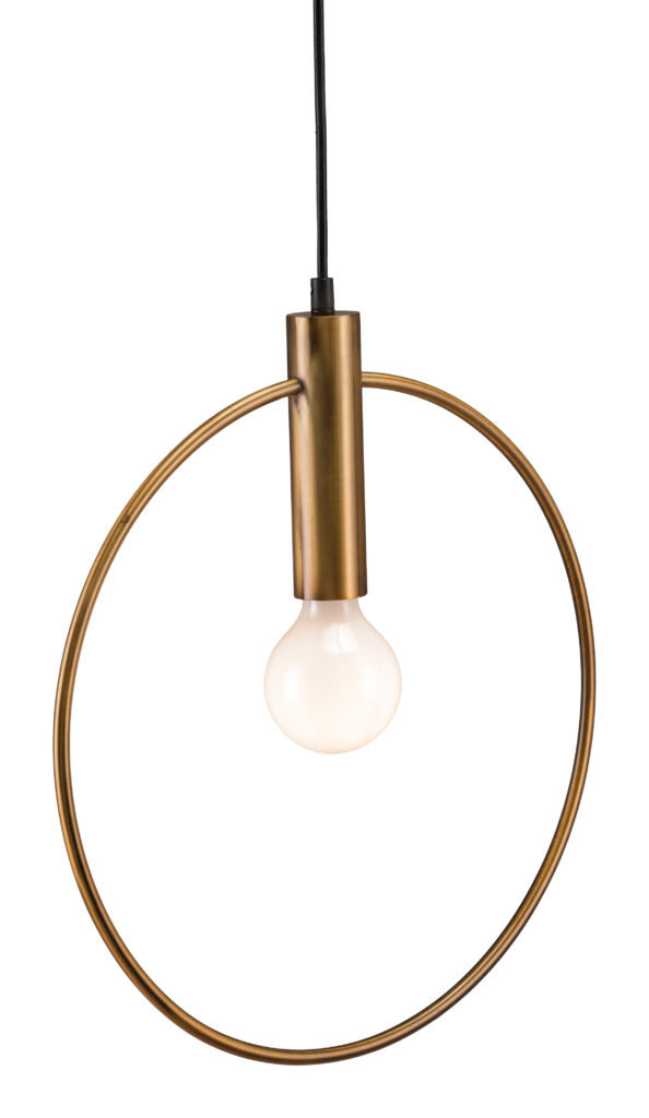 Brass circular pendant light with exposed bulb
