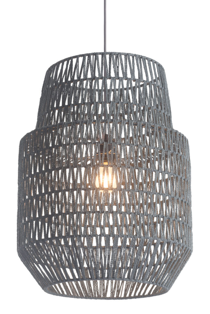 Grey woven pendant light with exposed bulb