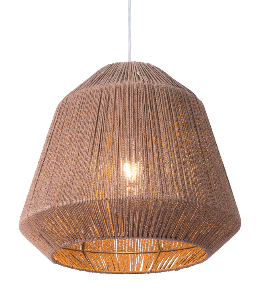 Brown woven pendant light with exposed bulb