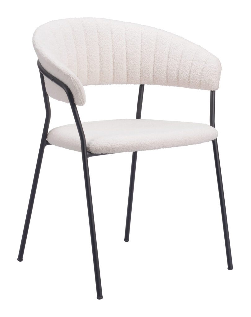 Modern white boucle chair with black metal legs