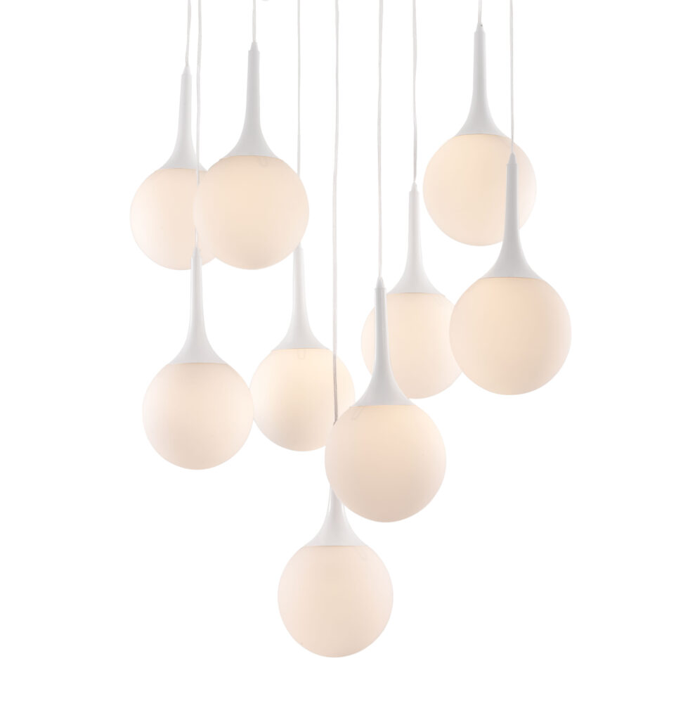 Cluster of modern white globe pendant lights