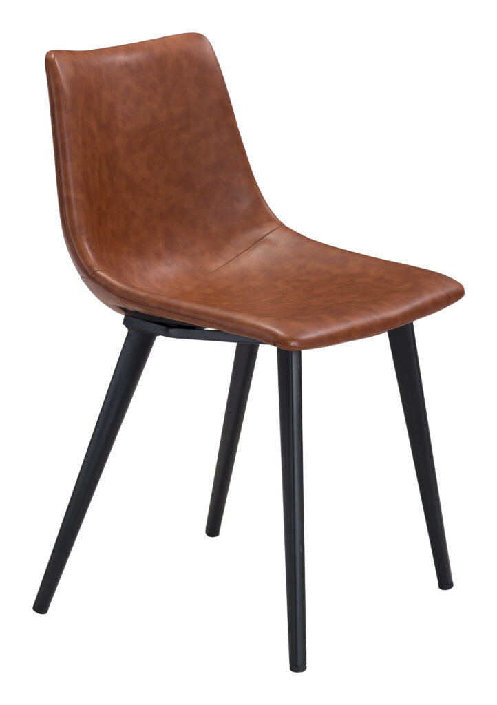 Brown leather dining chair with black metal legs