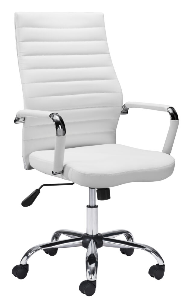 White leather ergonomic office chair with casters