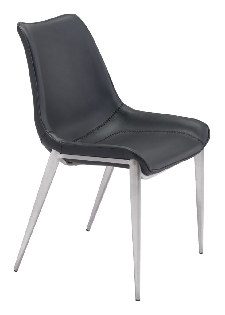 Modern black leather dining chair with metal legs