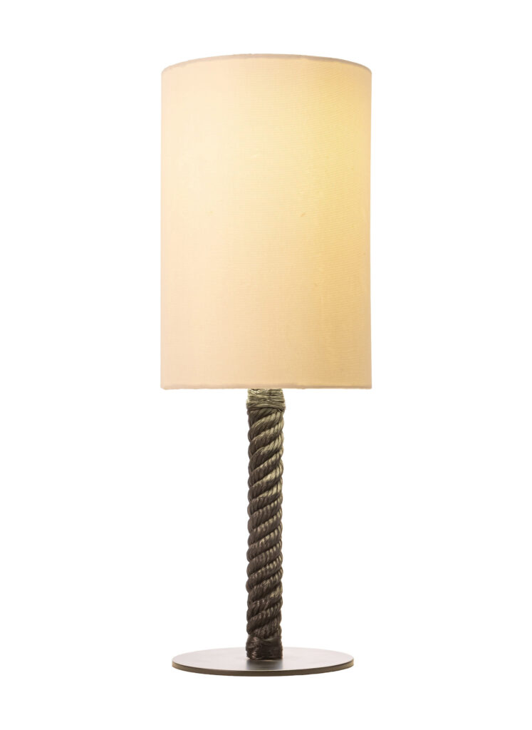 Table lamp with twisted rope base, beige shade