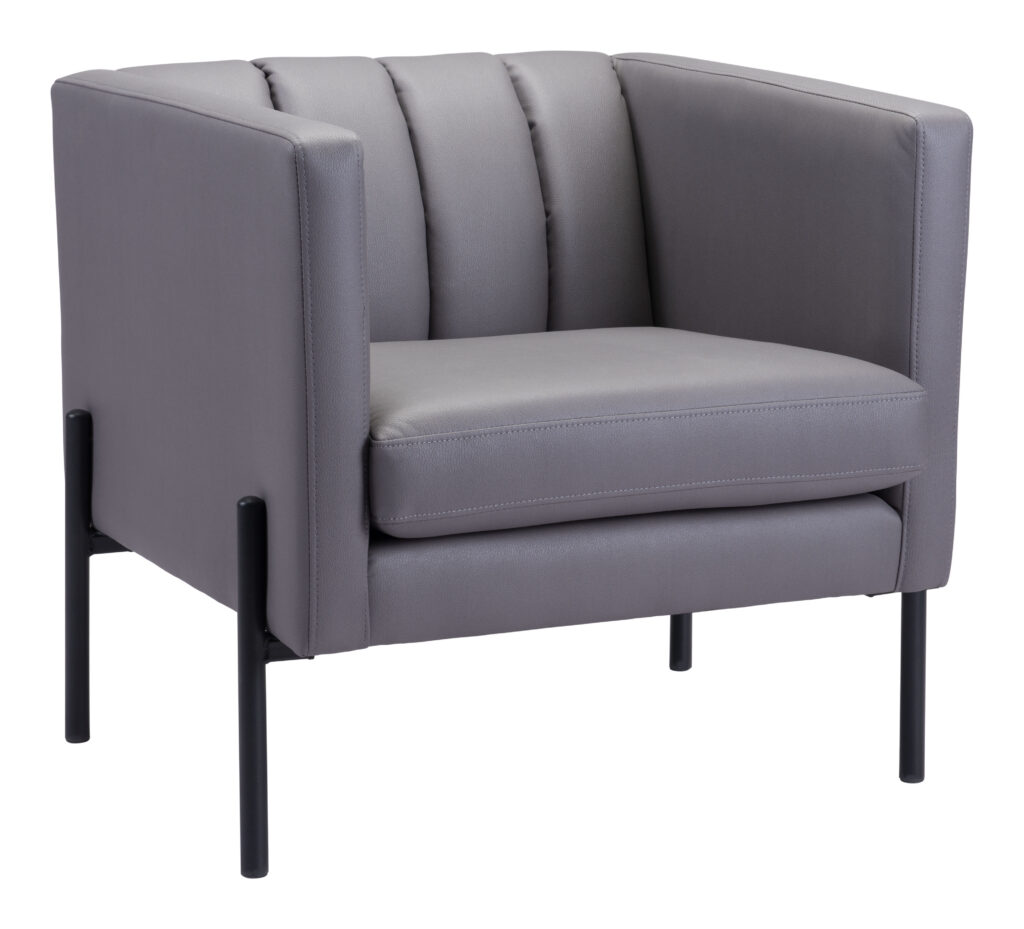 Gray upholstered armchair with black metal legs