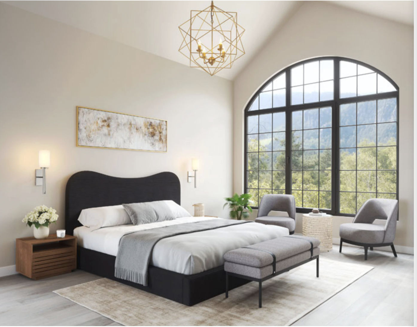 Modern bedroom with upholstered bed