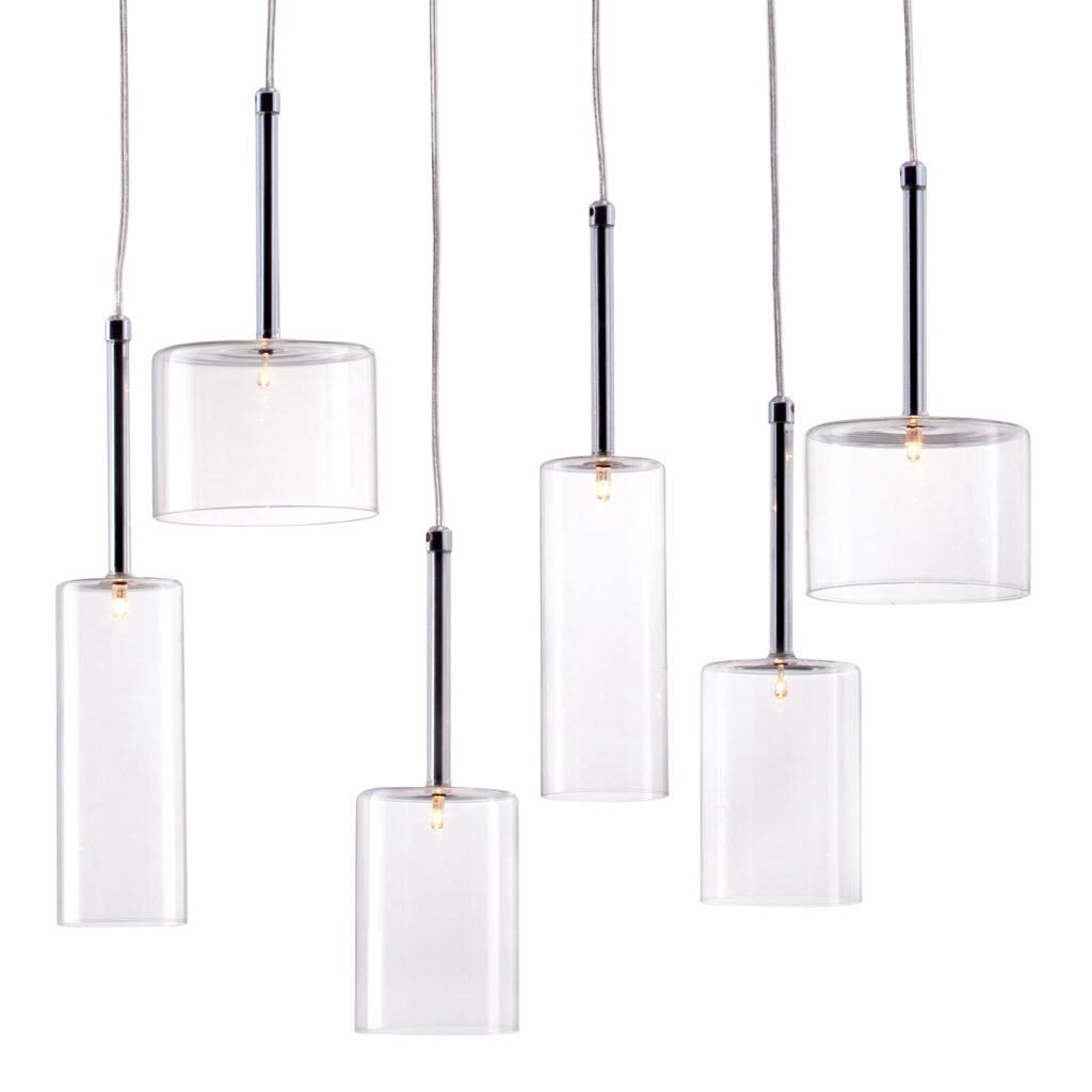 Cluster of six clear glass pendant lights