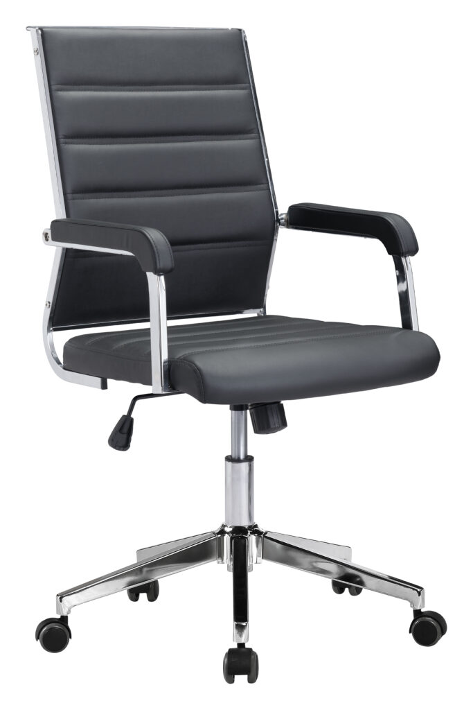 Adjustable black leather office chair with chrome base