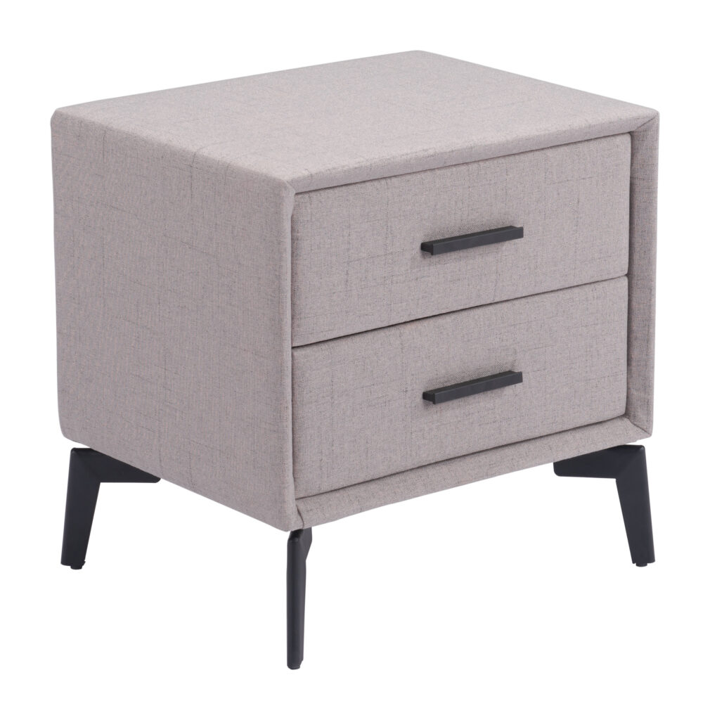 Light gray upholstered two-drawer nightstand