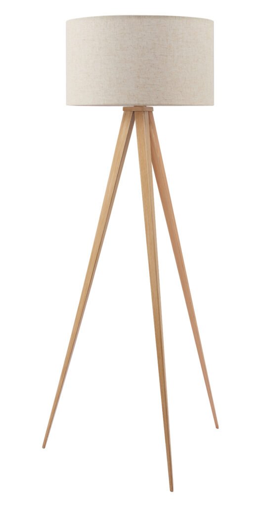 Wooden tripod floor lamp with beige shade