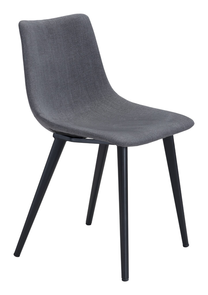 Gray upholstered modern chair with black metal legs