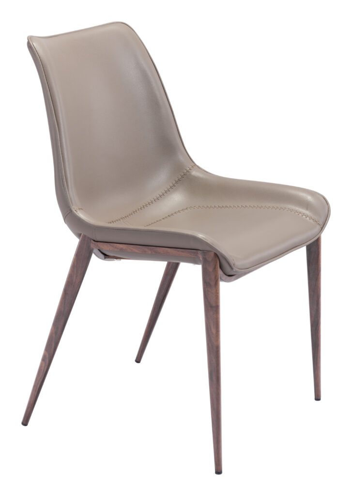 Modern taupe leather dining chair with wooden legs