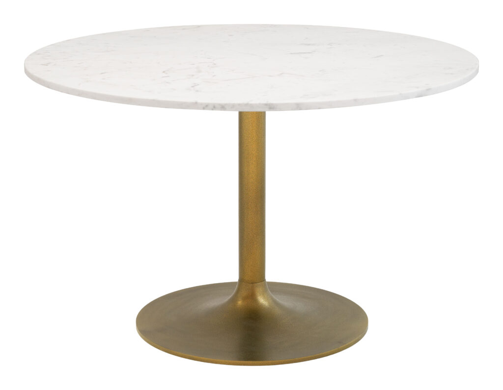 Round marble top pedestal table with brass base