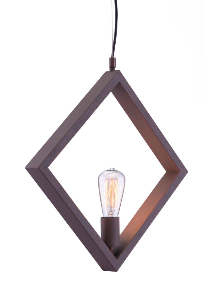 Diamond-frame pendant light with exposed filament bulb