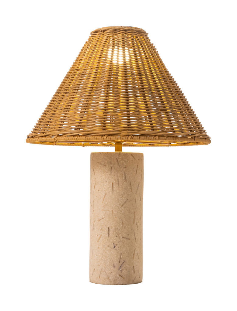 Rattan table lamp with cylindrical textured base