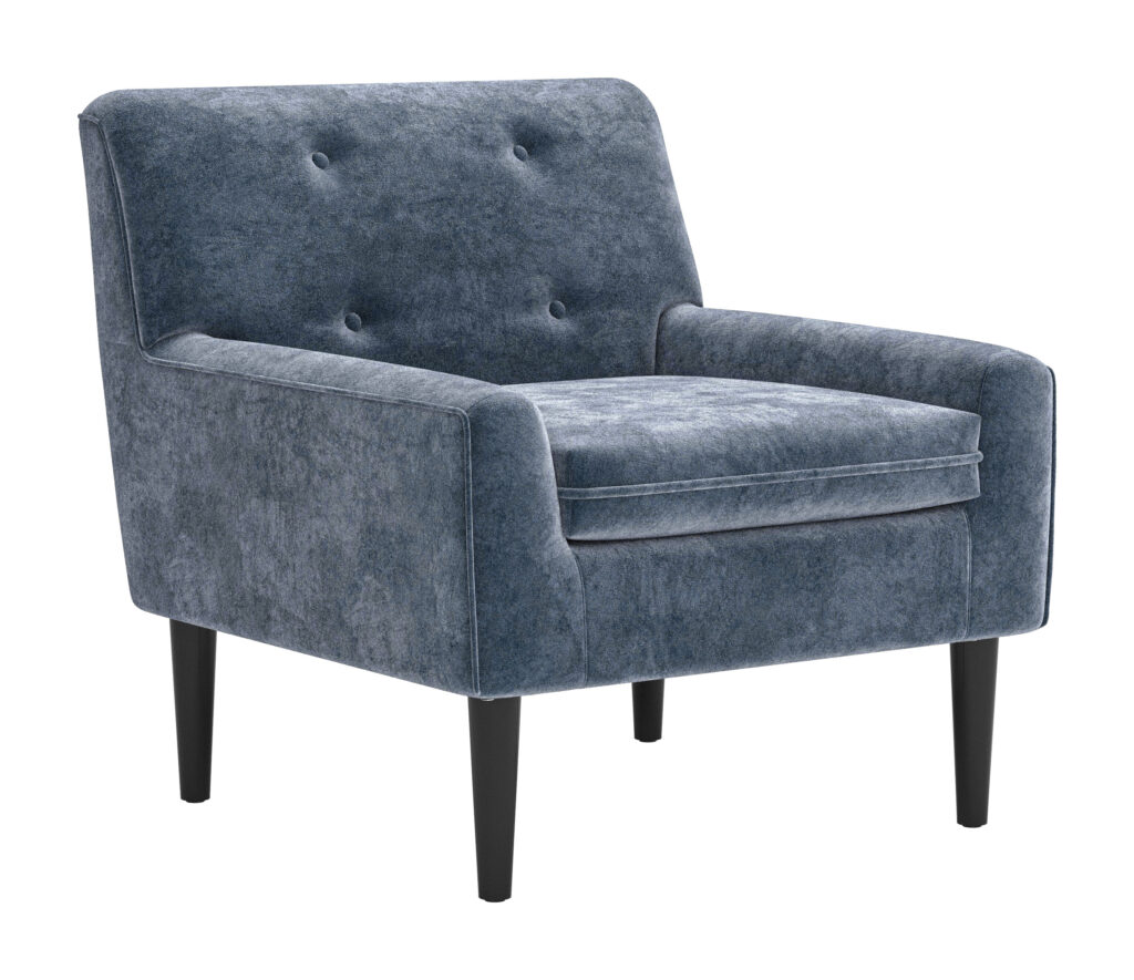Blue tufted velvet armchair with black legs